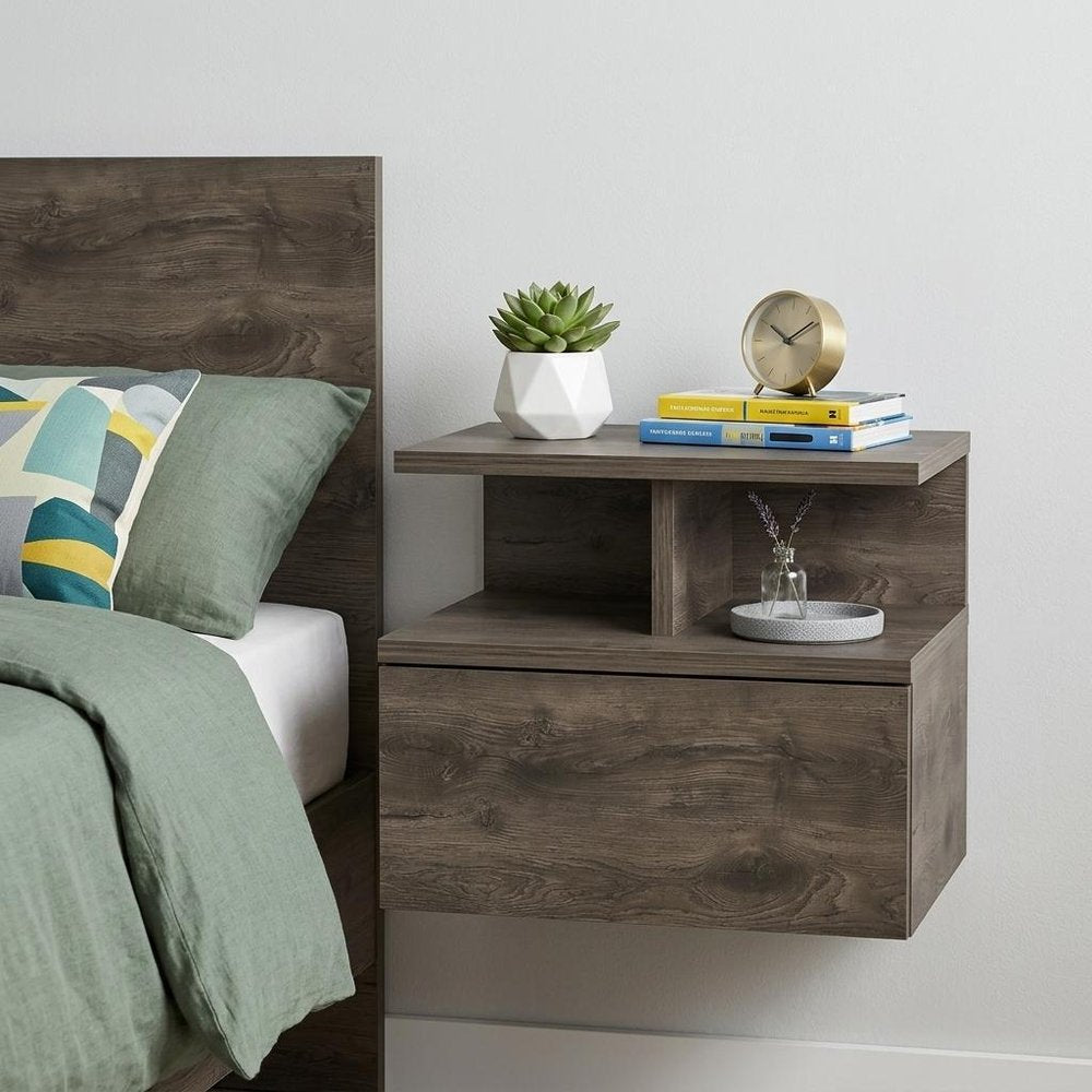 12" Brown Wood One Drawer Floating Nightstand