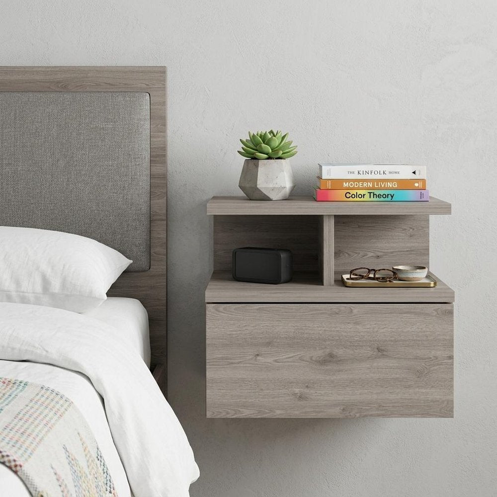 12" Gray Wood One Drawer Floating Nightstand