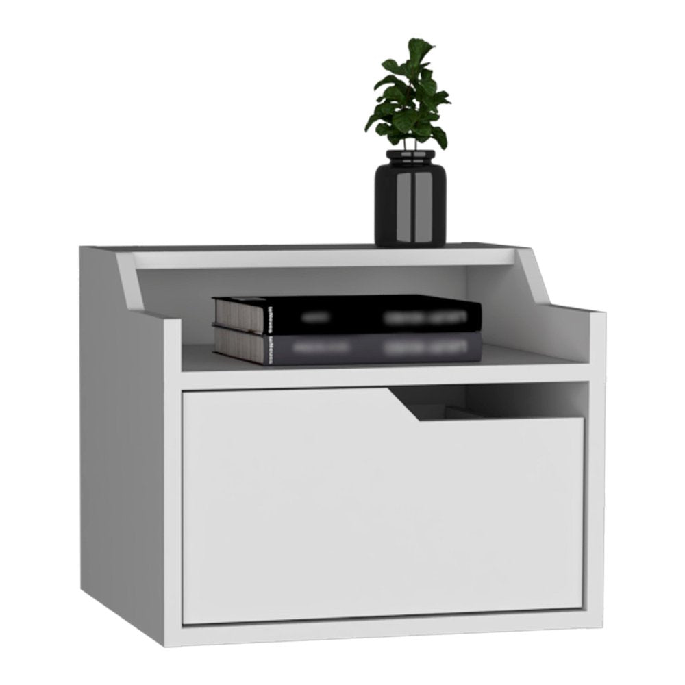 13" White Wood One Drawer Floating Nightstand