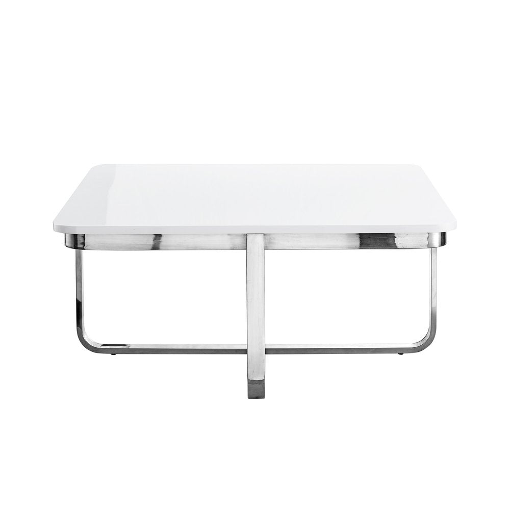 35" Light Gray And Silver Metallic Wood And Stainless Steel Square Coffee Table