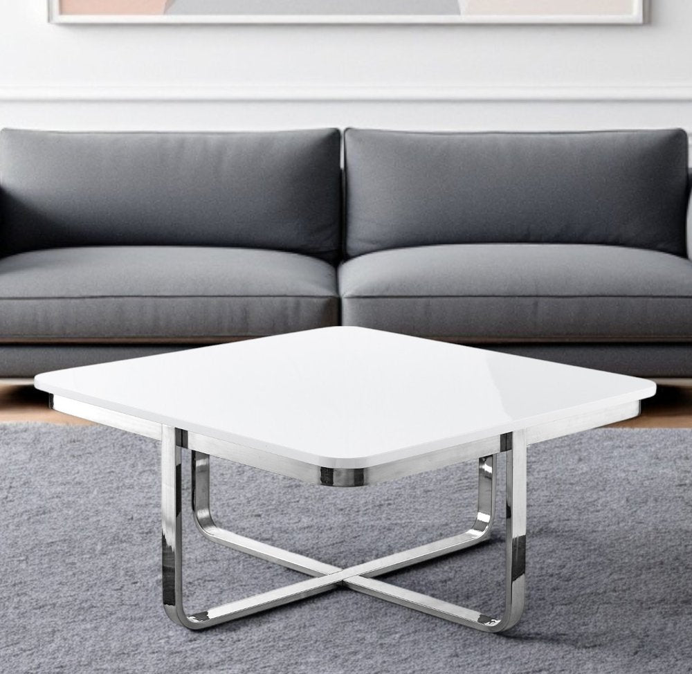 35" Light Gray And Silver Metallic Wood And Stainless Steel Square Coffee Table