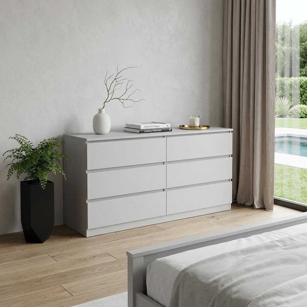 61" White Wood Six Drawer Double Dresser