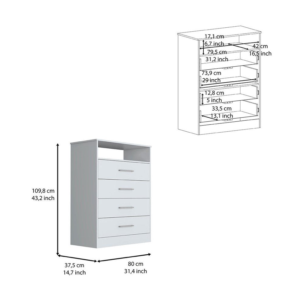 31" White Four Drawer Dresser With Open Shelf