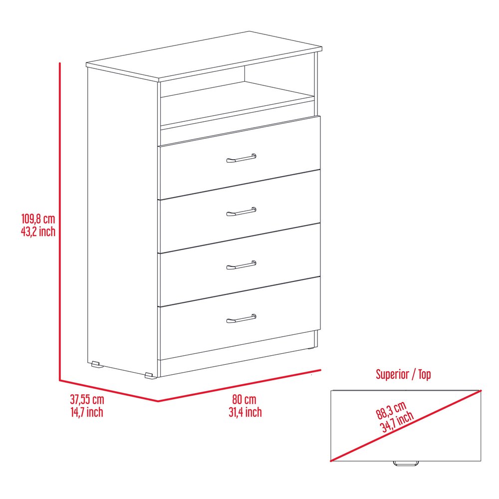 31" White Four Drawer Dresser With Open Shelf