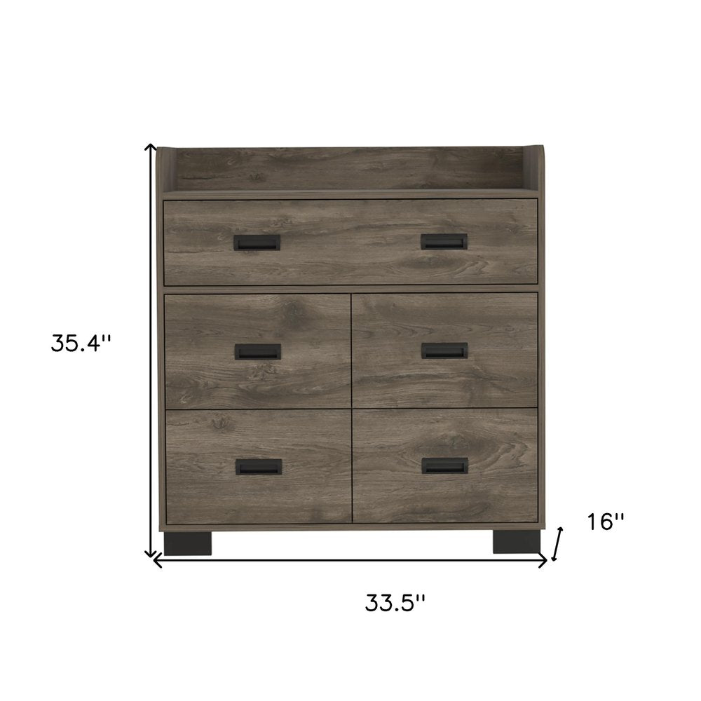 34" Dark Brown Wood Five Drawer Dresser