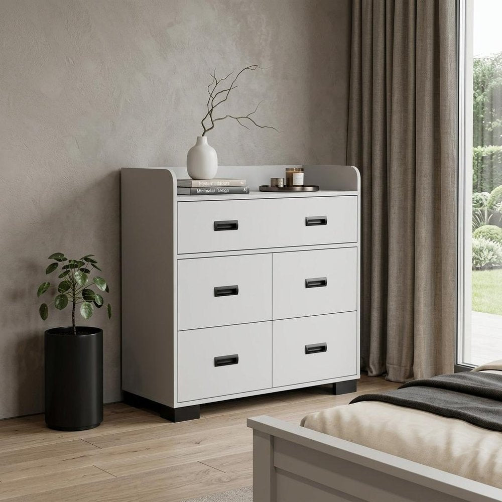 34" White Wood Five Drawer Dresser