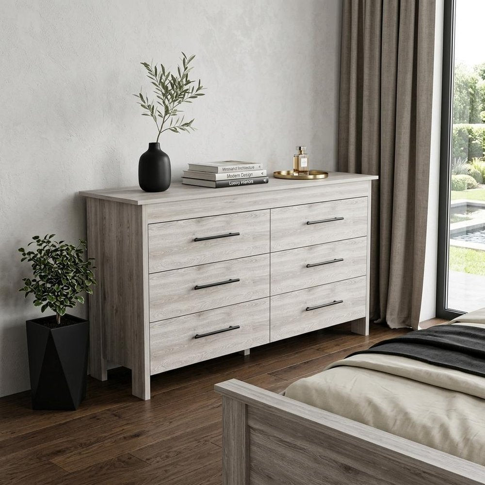 59" Light Gray Wood Six Drawer Double Dresser