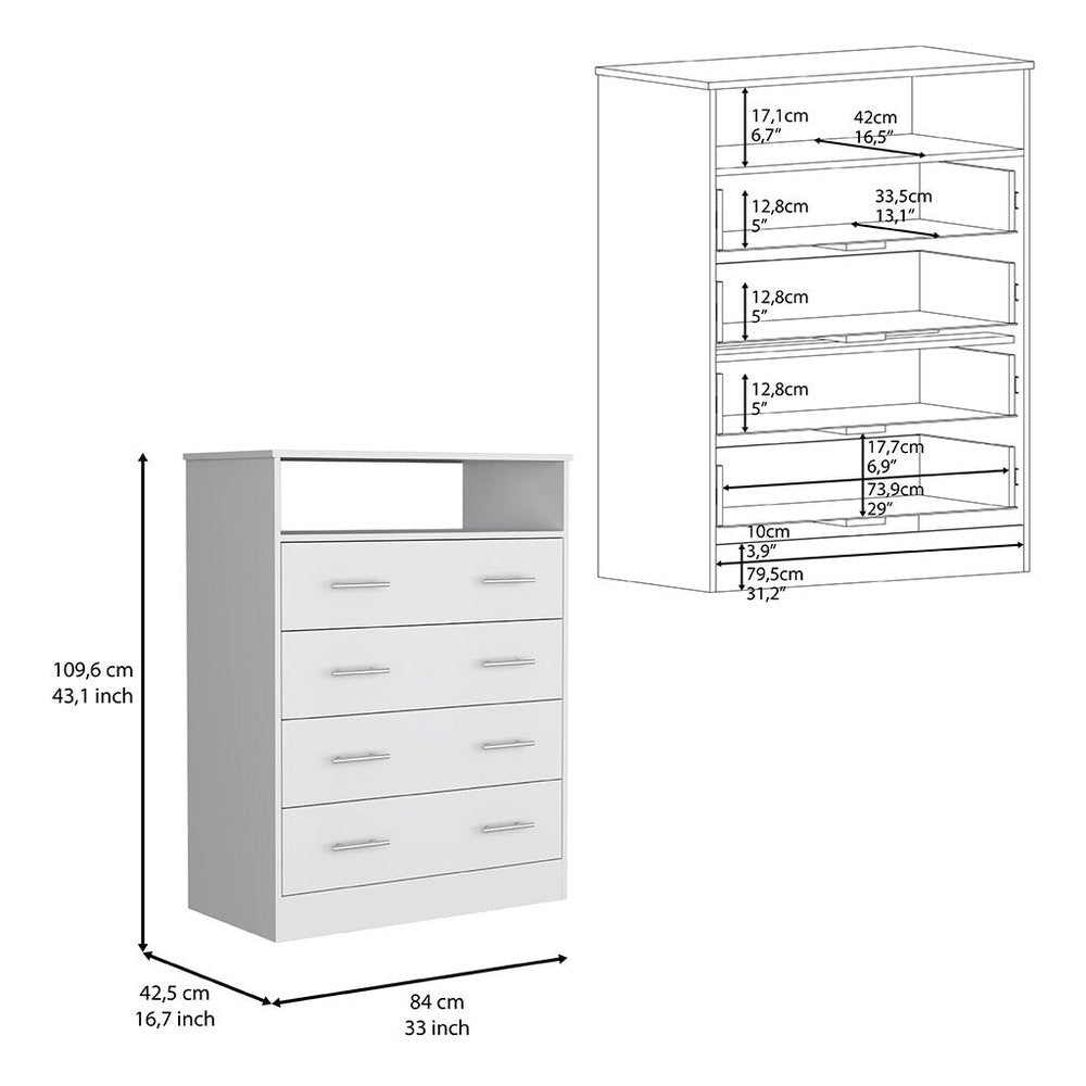 33" White Four Drawer Standard Chest With Open Shelf