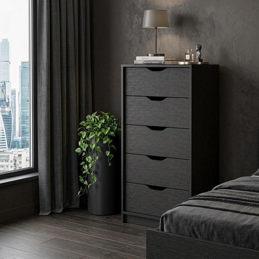 18" Black Wood Five Drawer Dresser