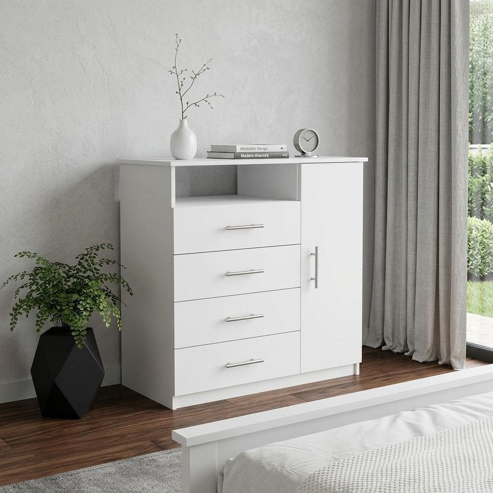 35" White Wood Four Drawer Combo Dresser