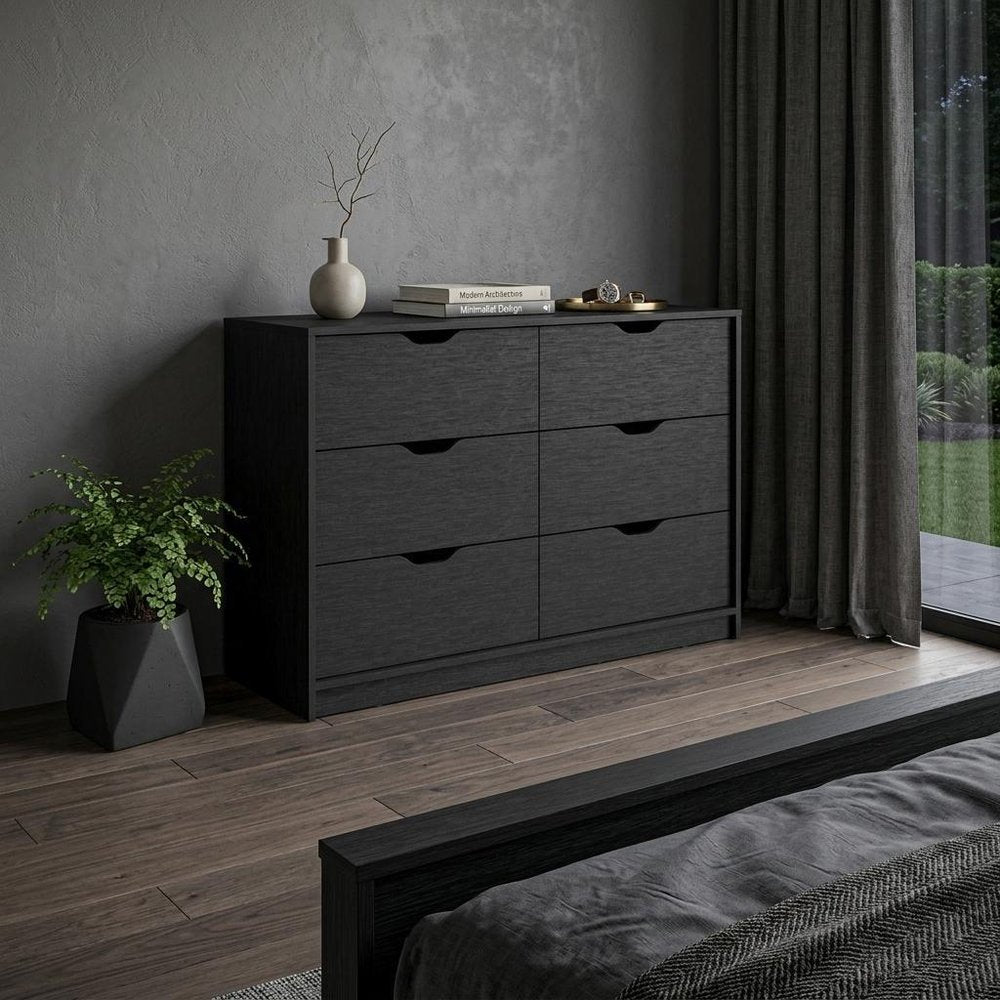42" Black Wood Six Drawer Double Dresser