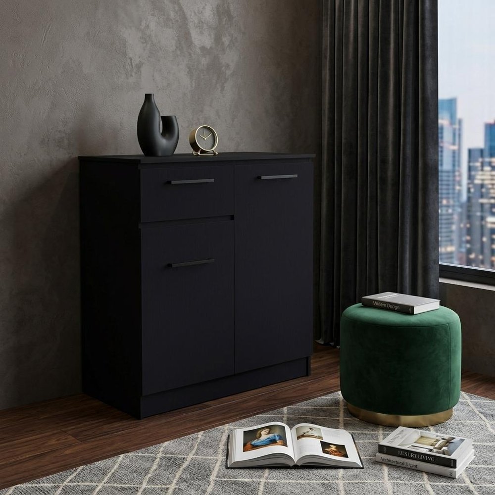 37" Black Wood Two Door Single Drawer Combo Dresser