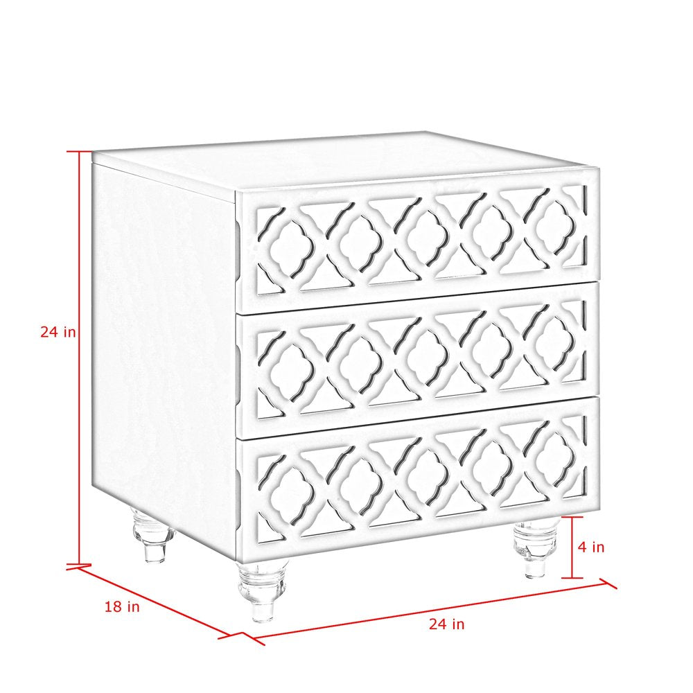 24" Clear And White Wood Mirrored End Table With Three Drawers