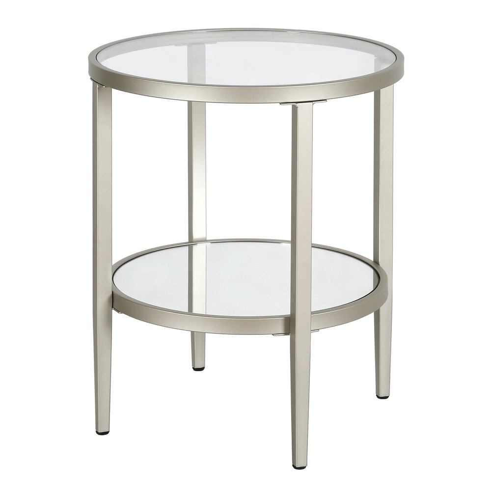24" Nickel And Clear Glass And Steel Round Mirrored End Table With Shelf
