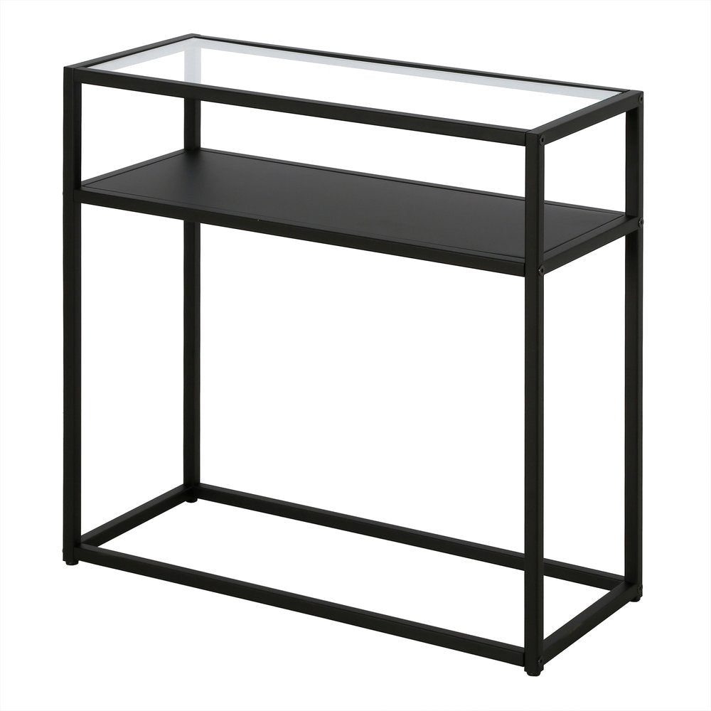 24" Black And Clear Glass And Steel End Table With Shelf