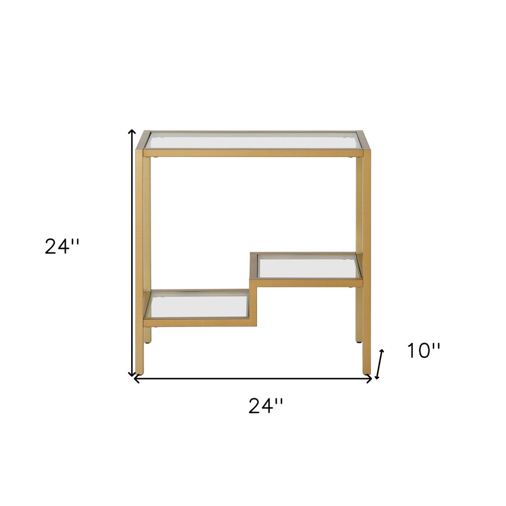 24" Brass And Clear Glass And Steel End Table With Two Shelves
