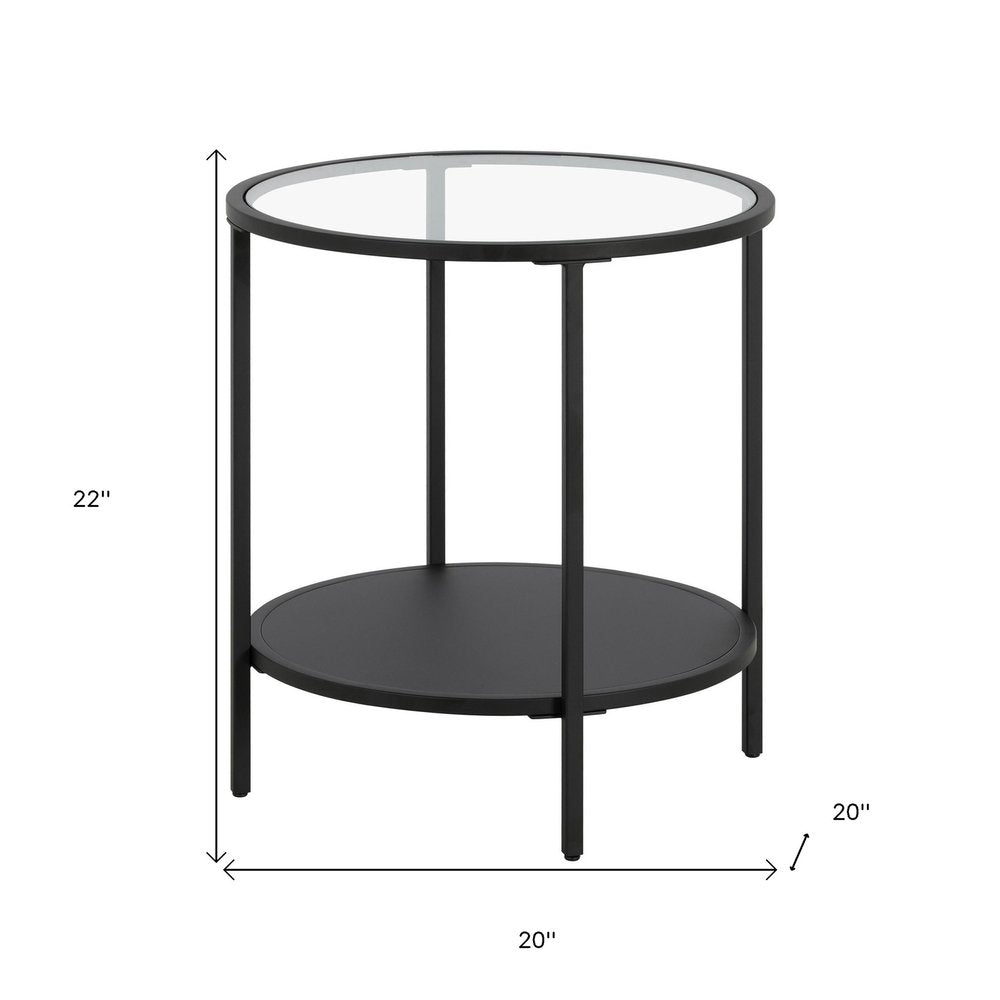 22" Black And Clear Glass And Steel Round End Table With Shelf