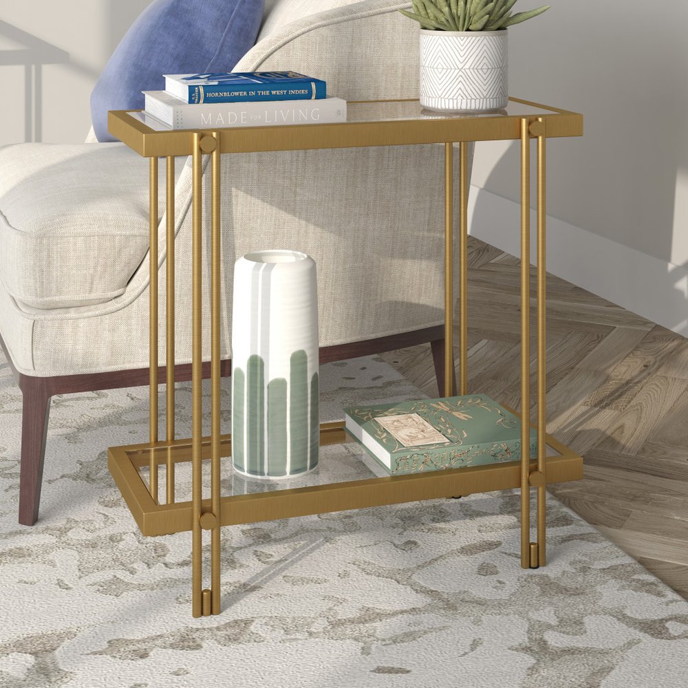 24" Brass And Clear Glass And Steel End Table With Shelf