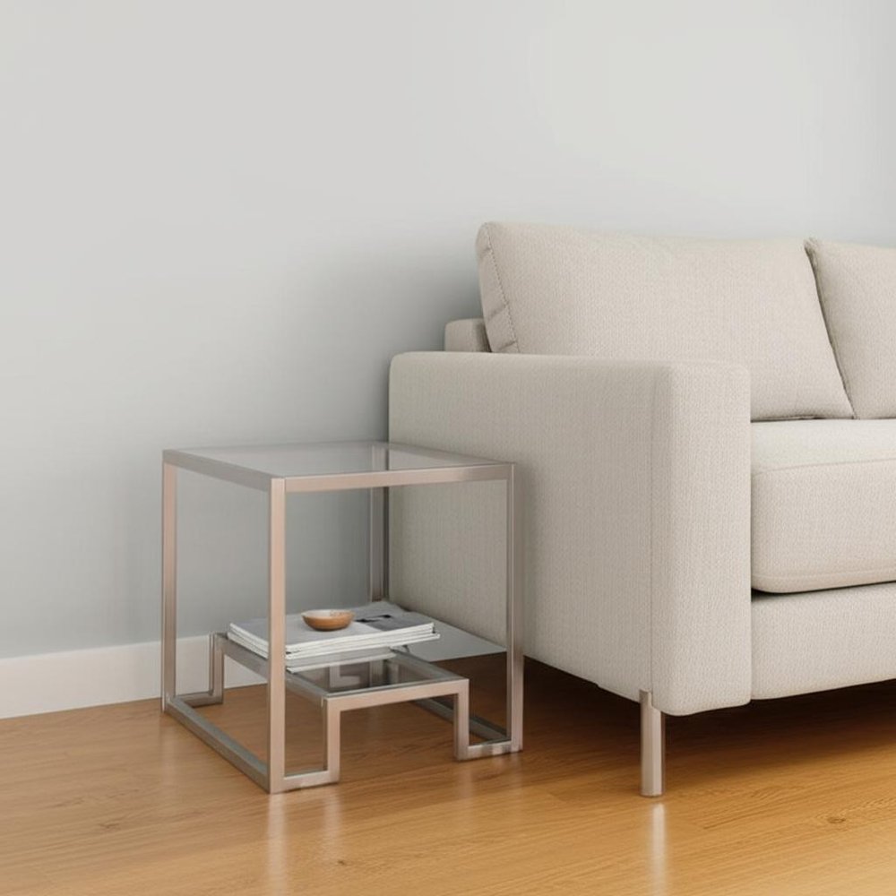 22" Nickel And Clear Glass And Steel Square End Table With Shelf