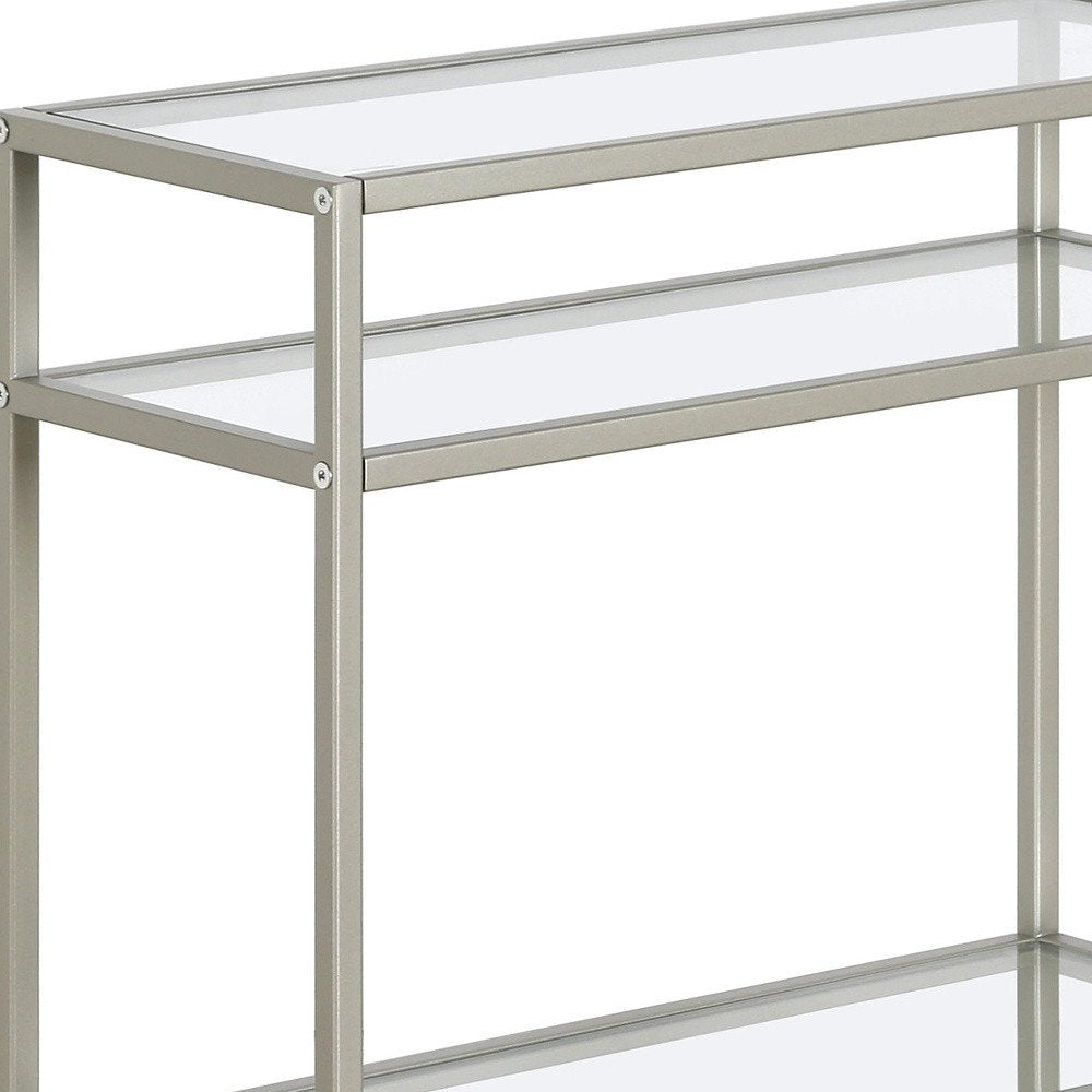 24" Nickel And Clear Glass And Steel End Table With Two Shelves