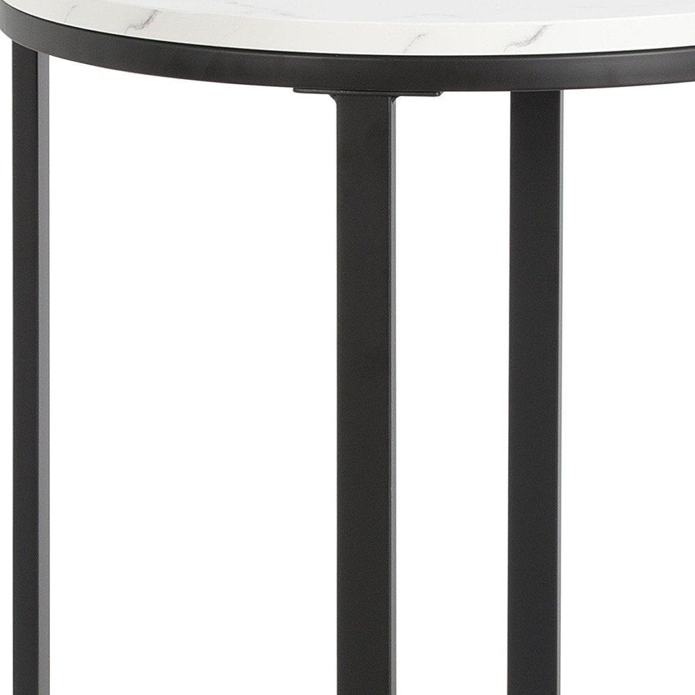 24" Black And White Faux Marble And Steel Round End Table