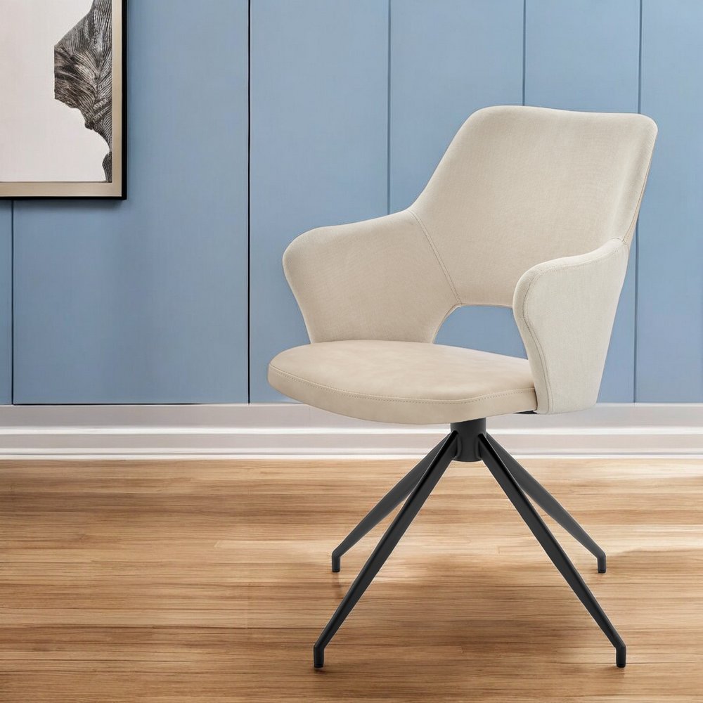 Beige and Black Upholstered Fabric And Faux Leather Open Back Dining Arm Chair