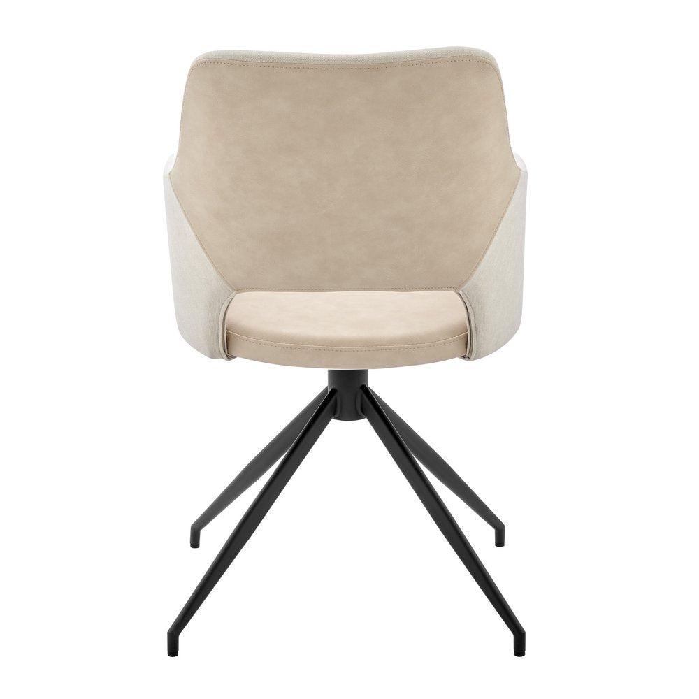Beige and Black Upholstered Fabric And Faux Leather Open Back Dining Arm Chair