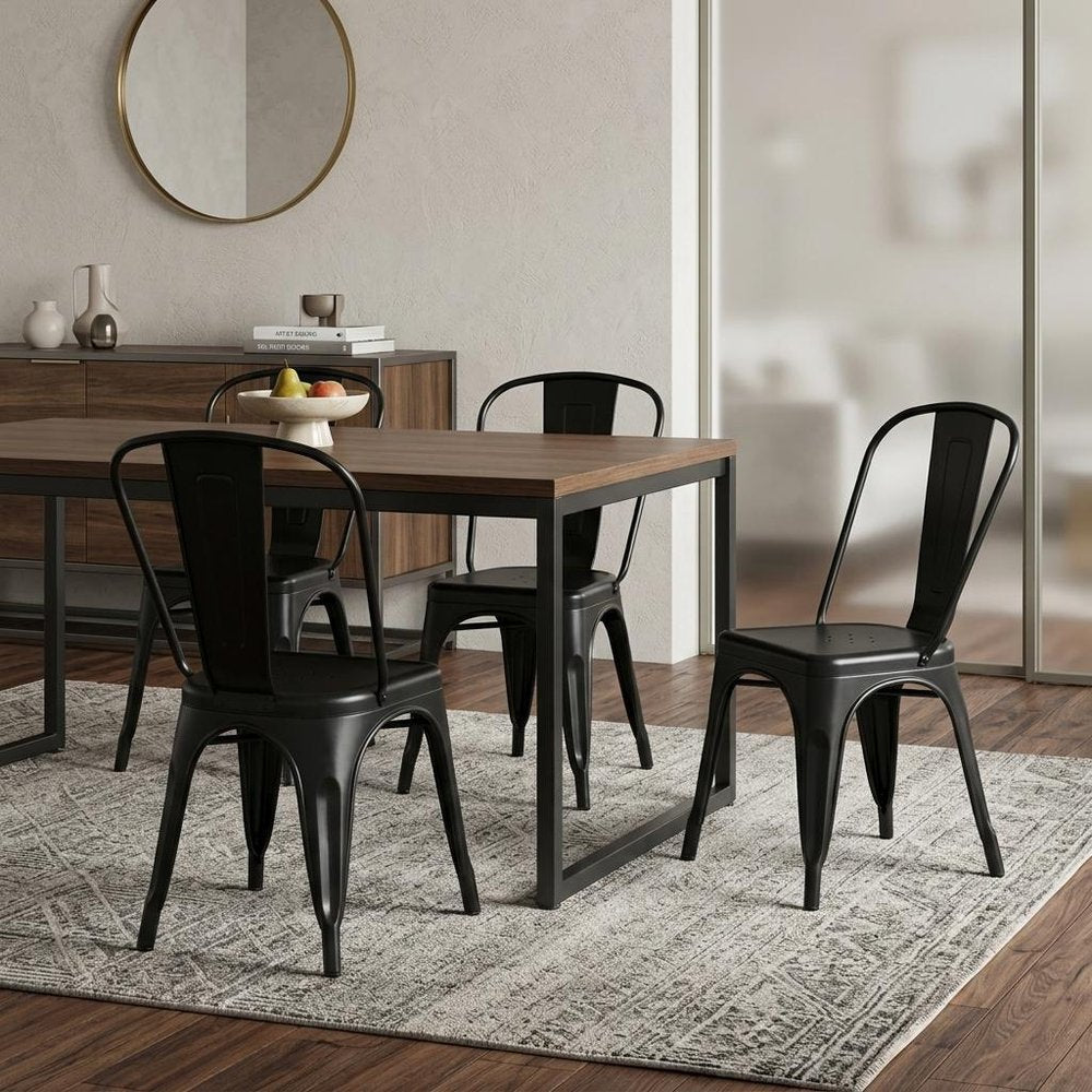 Set of Four Black Steel Dining Side Chairs