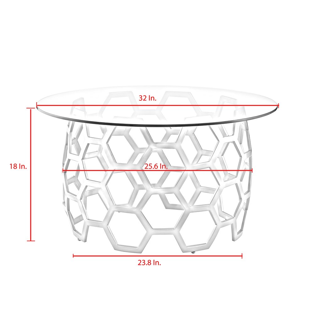 32" Clear And Silver Glass And Iron Round Coffee Table