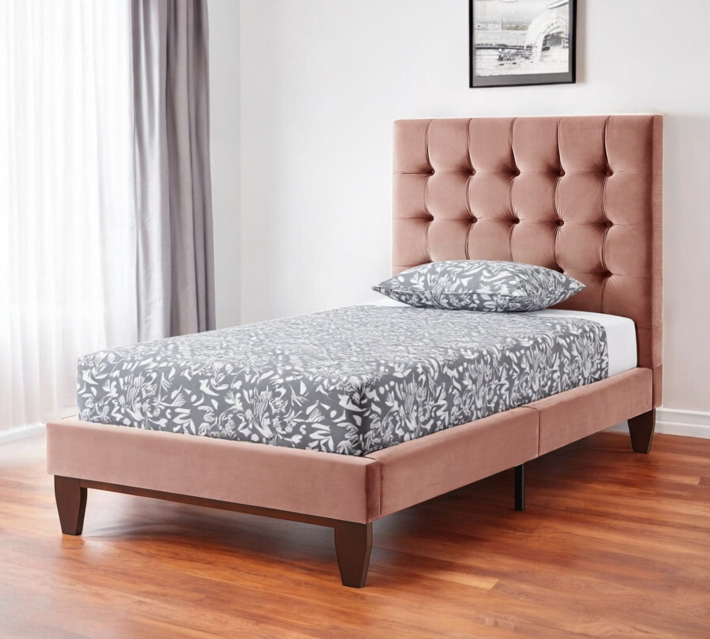 Gray Solid Wood King Tufted Upholstered Velvet Bed