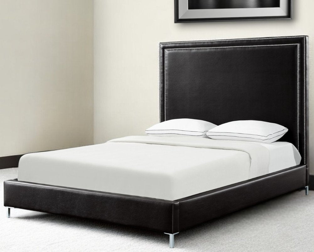 White Solid Wood Full Upholstered Faux Leather Bed with Nailhead Trim