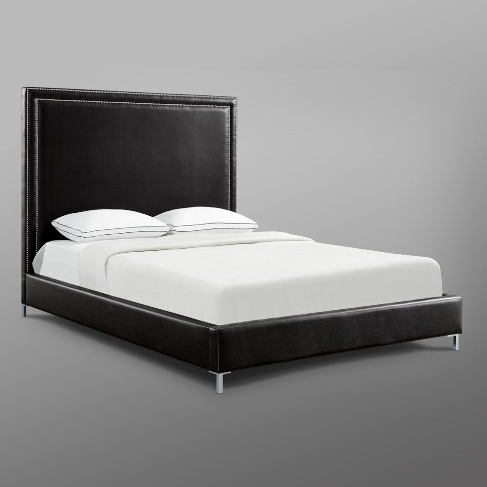 White Solid Wood Full Upholstered Faux Leather Bed with Nailhead Trim