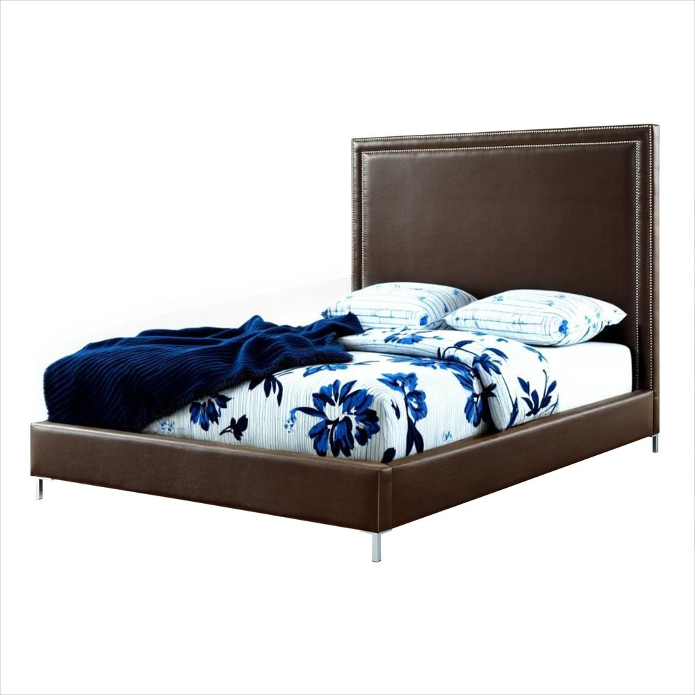 White Solid Wood Full Upholstered Faux Leather Bed with Nailhead Trim