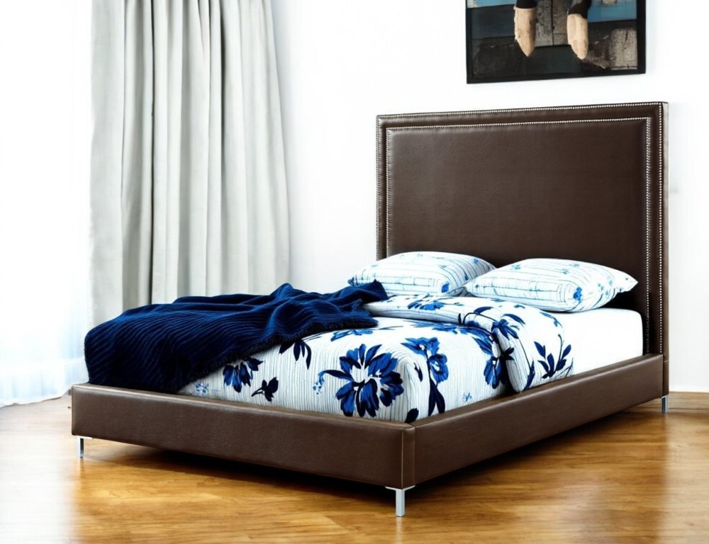 White Solid Wood Full Upholstered Faux Leather Bed with Nailhead Trim