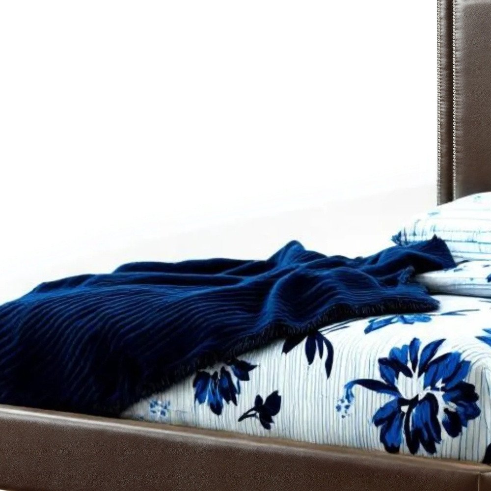 White Solid Wood Full Upholstered Faux Leather Bed with Nailhead Trim