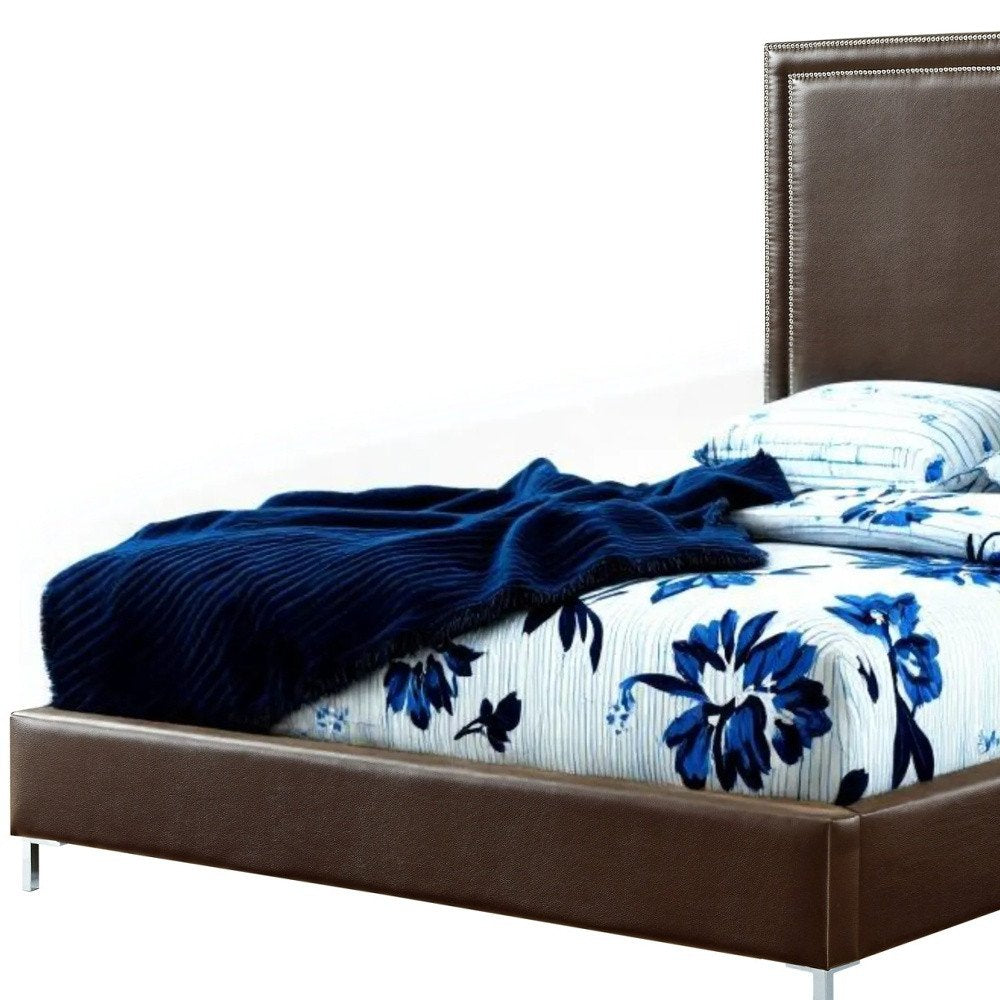 White Solid Wood Full Upholstered Faux Leather Bed with Nailhead Trim
