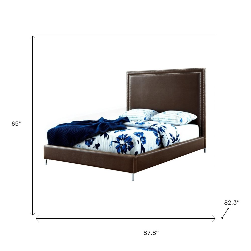 White Solid Wood Full Upholstered Faux Leather Bed with Nailhead Trim