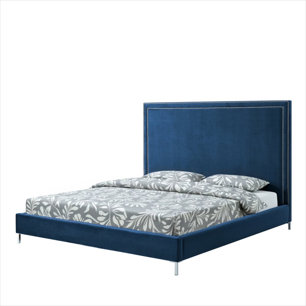 White Solid Wood Full Upholstered Faux Leather Bed with Nailhead Trim
