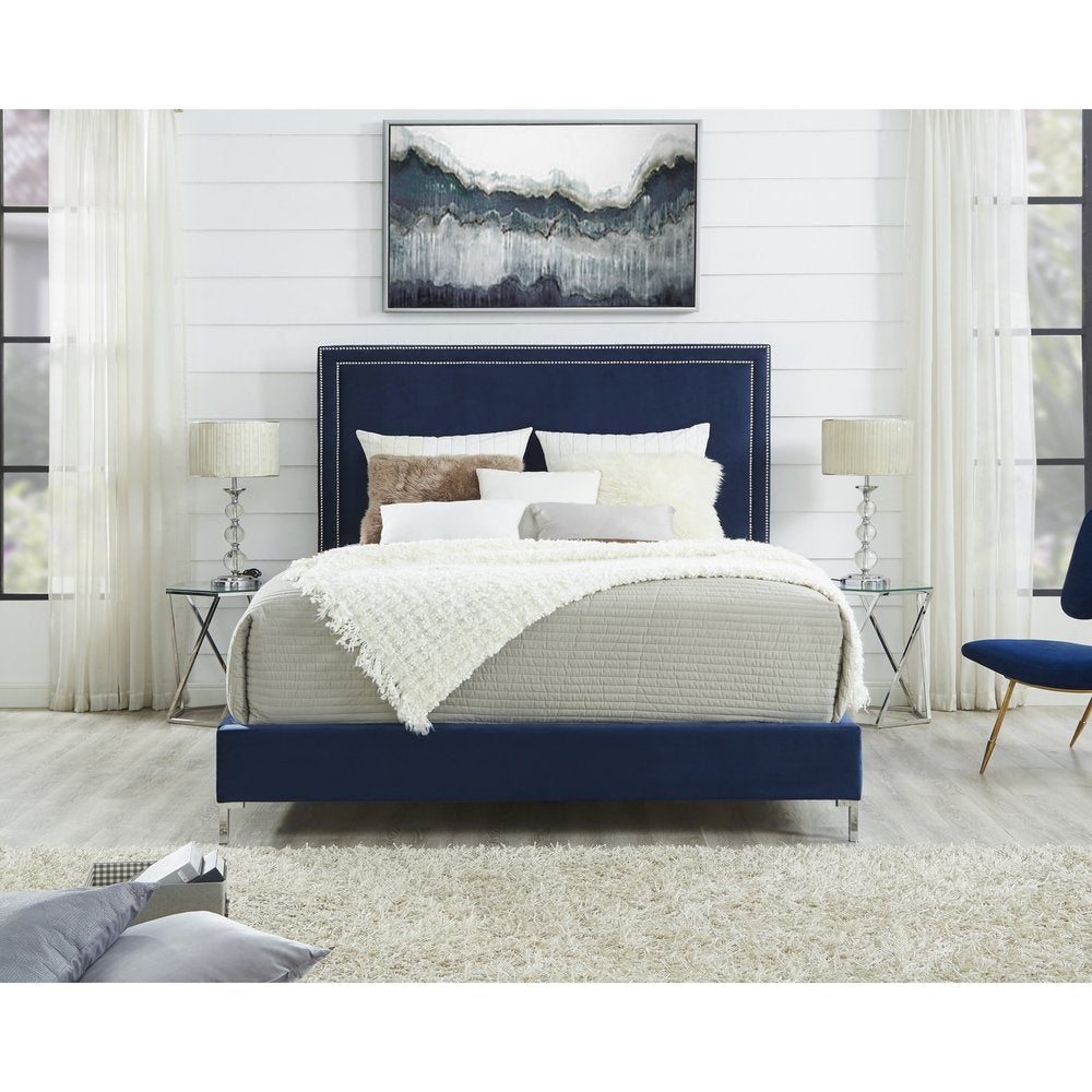 White Solid Wood Full Upholstered Faux Leather Bed with Nailhead Trim
