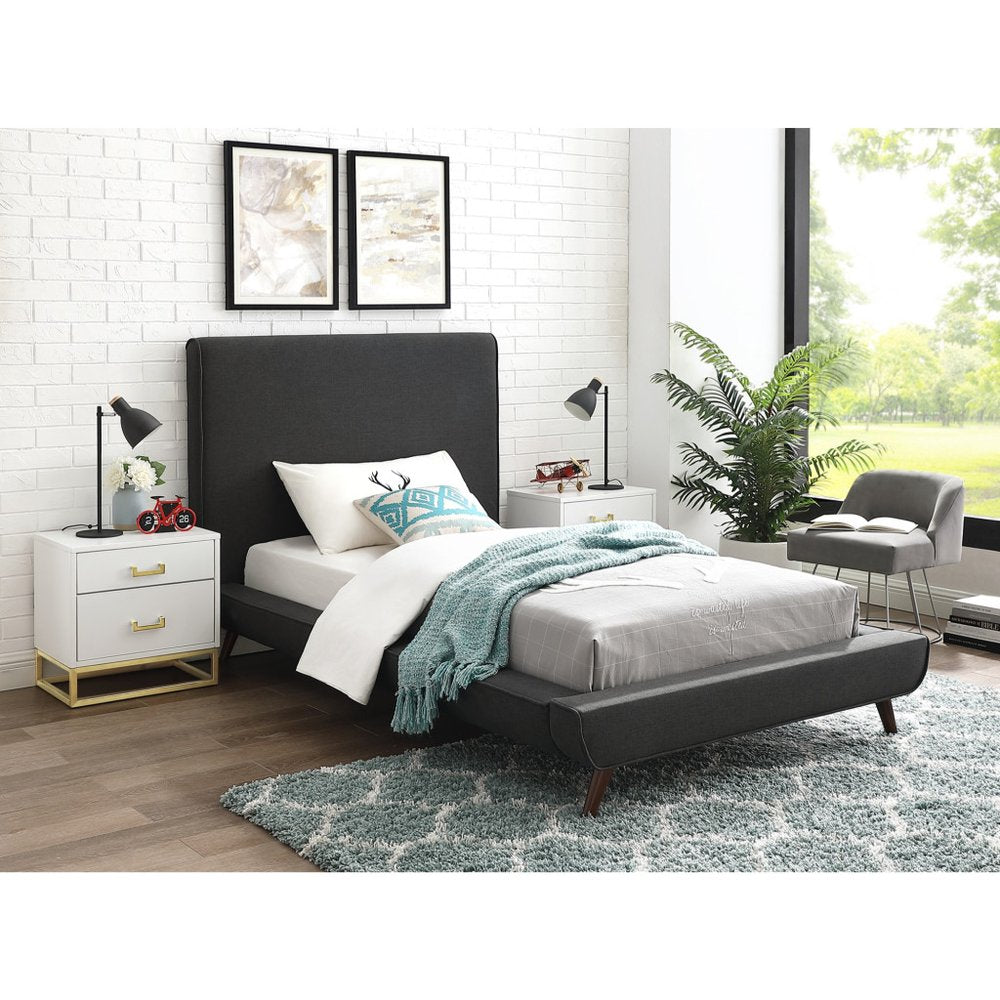 Denim Blue Solid Wood Queen Upholstered Linen Bed