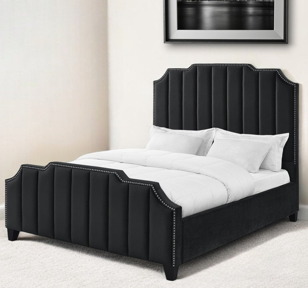 Sky Blue Solid Wood Queen Tufted Upholstered Velvet Bed with Nailhead Trim