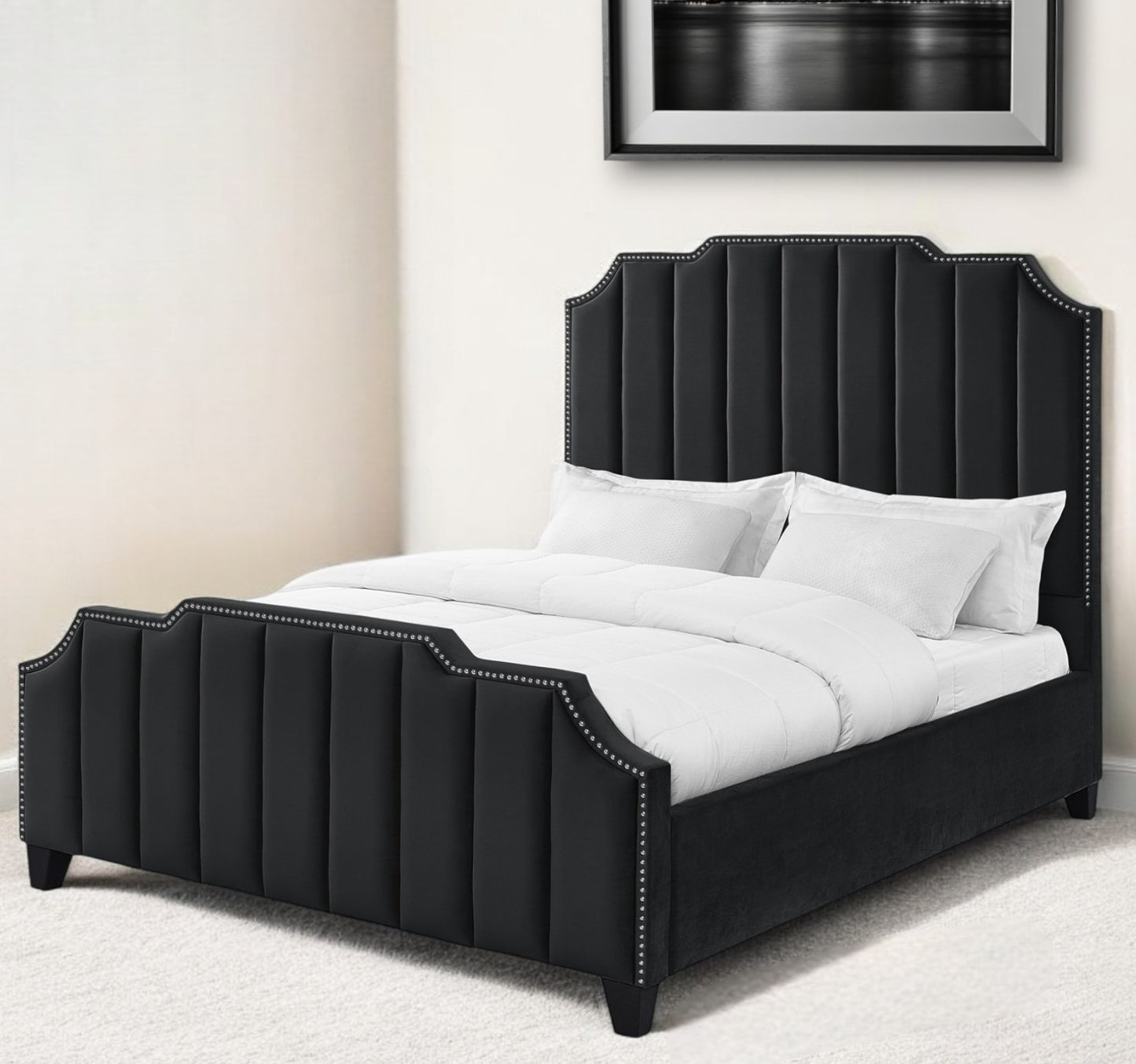 Sky Blue Solid Wood Queen Tufted Upholstered Velvet Bed with Nailhead Trim