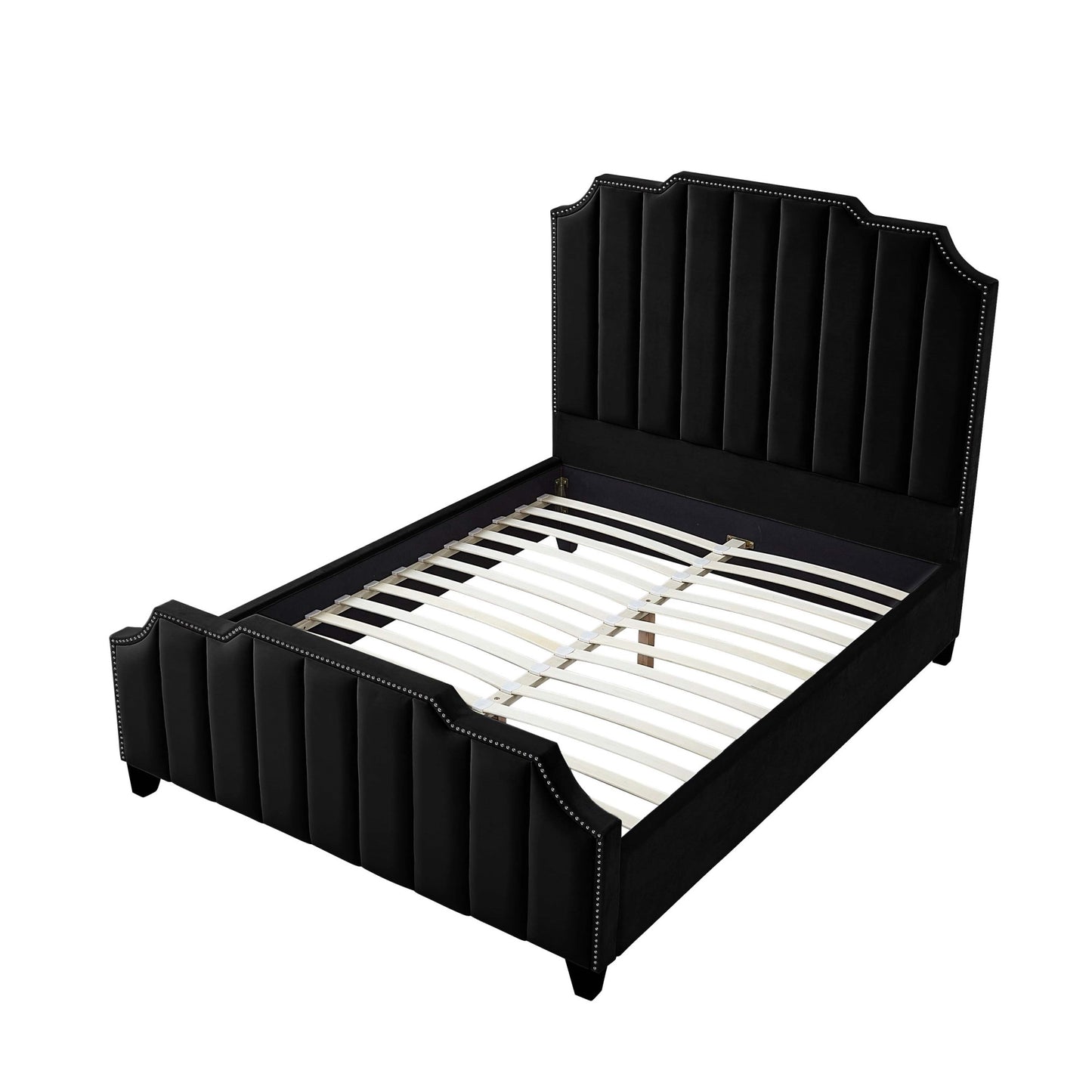 Sky Blue Solid Wood Queen Tufted Upholstered Velvet Bed with Nailhead Trim