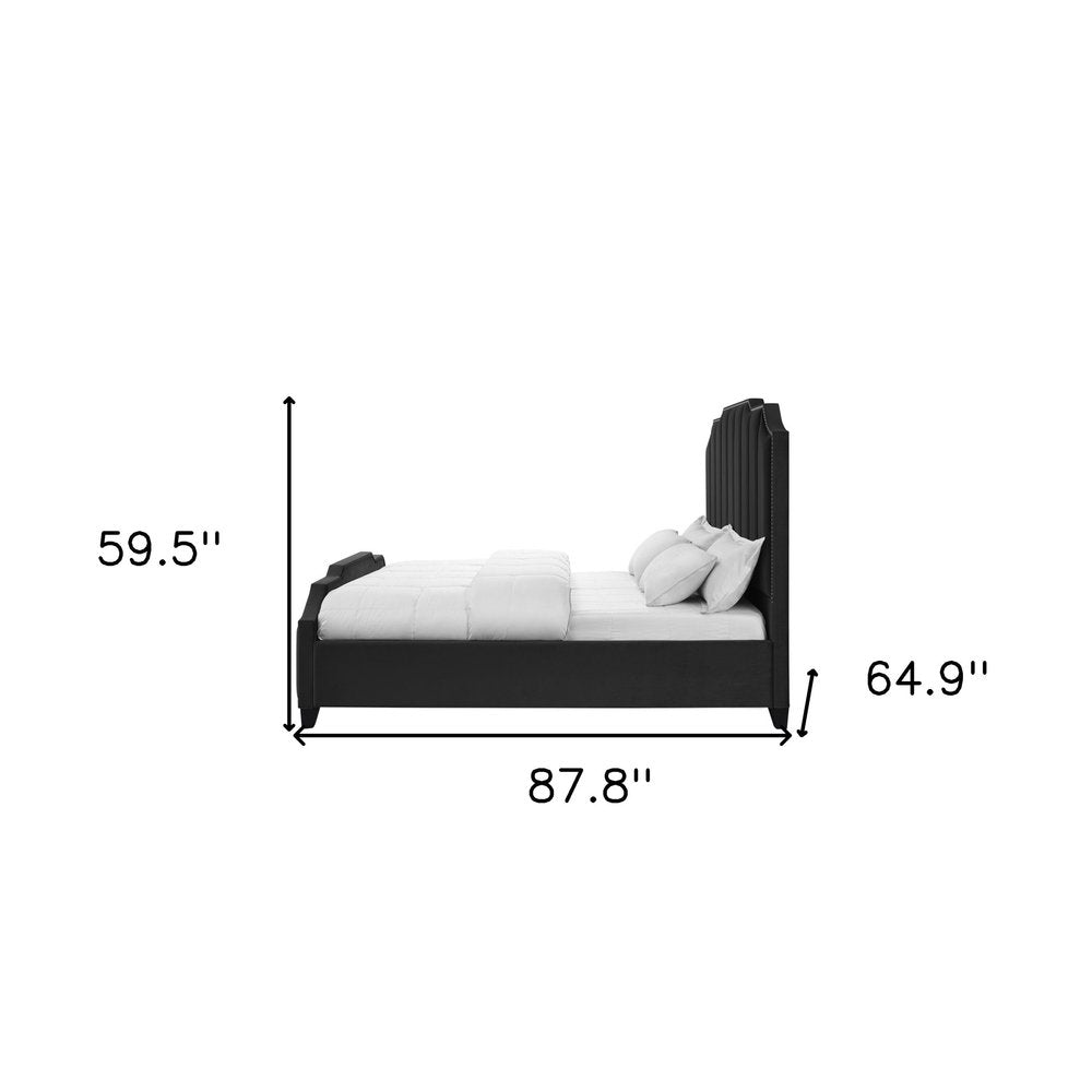 Sky Blue Solid Wood Queen Tufted Upholstered Velvet Bed with Nailhead Trim