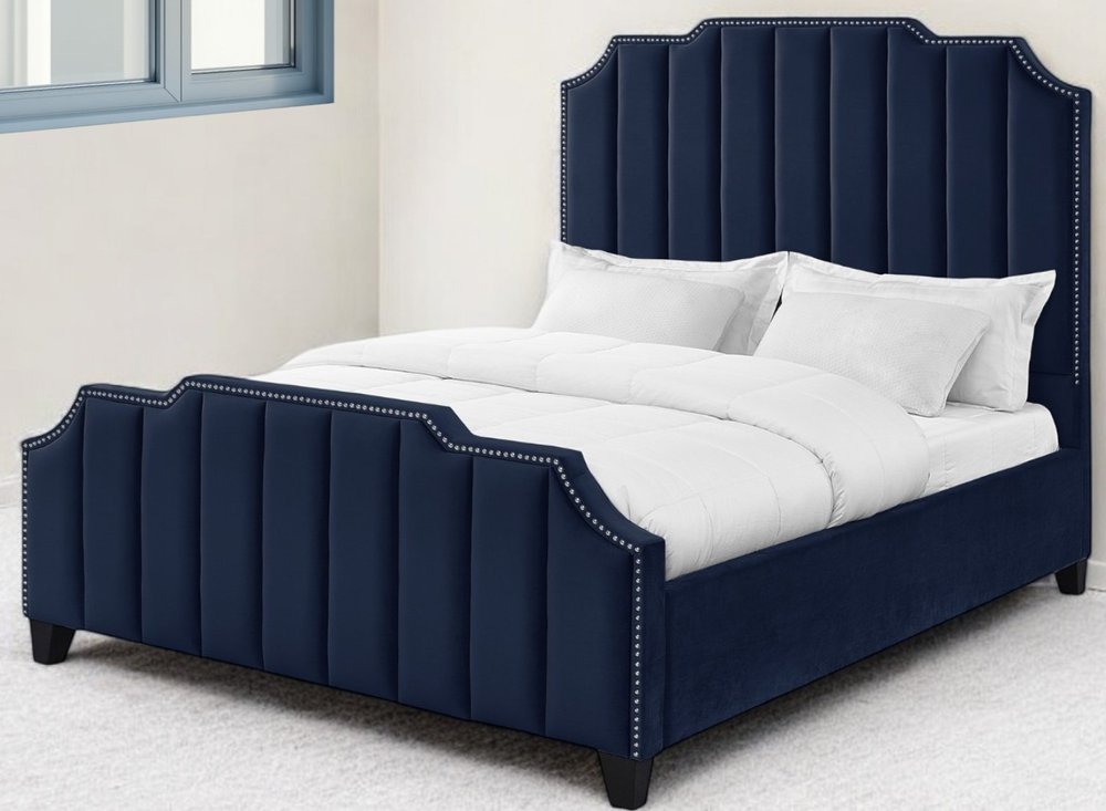 Sky Blue Solid Wood Queen Tufted Upholstered Velvet Bed with Nailhead Trim