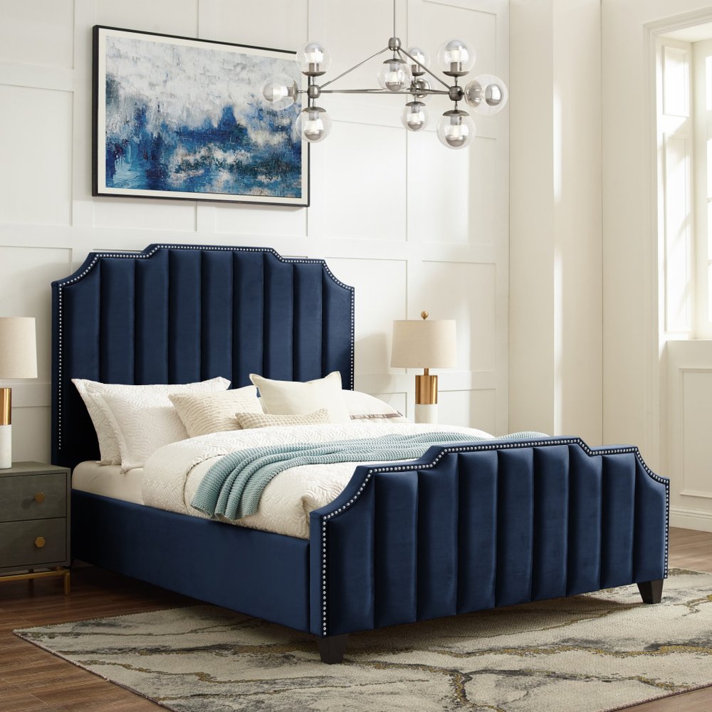 Sky Blue Solid Wood Queen Tufted Upholstered Velvet Bed with Nailhead Trim