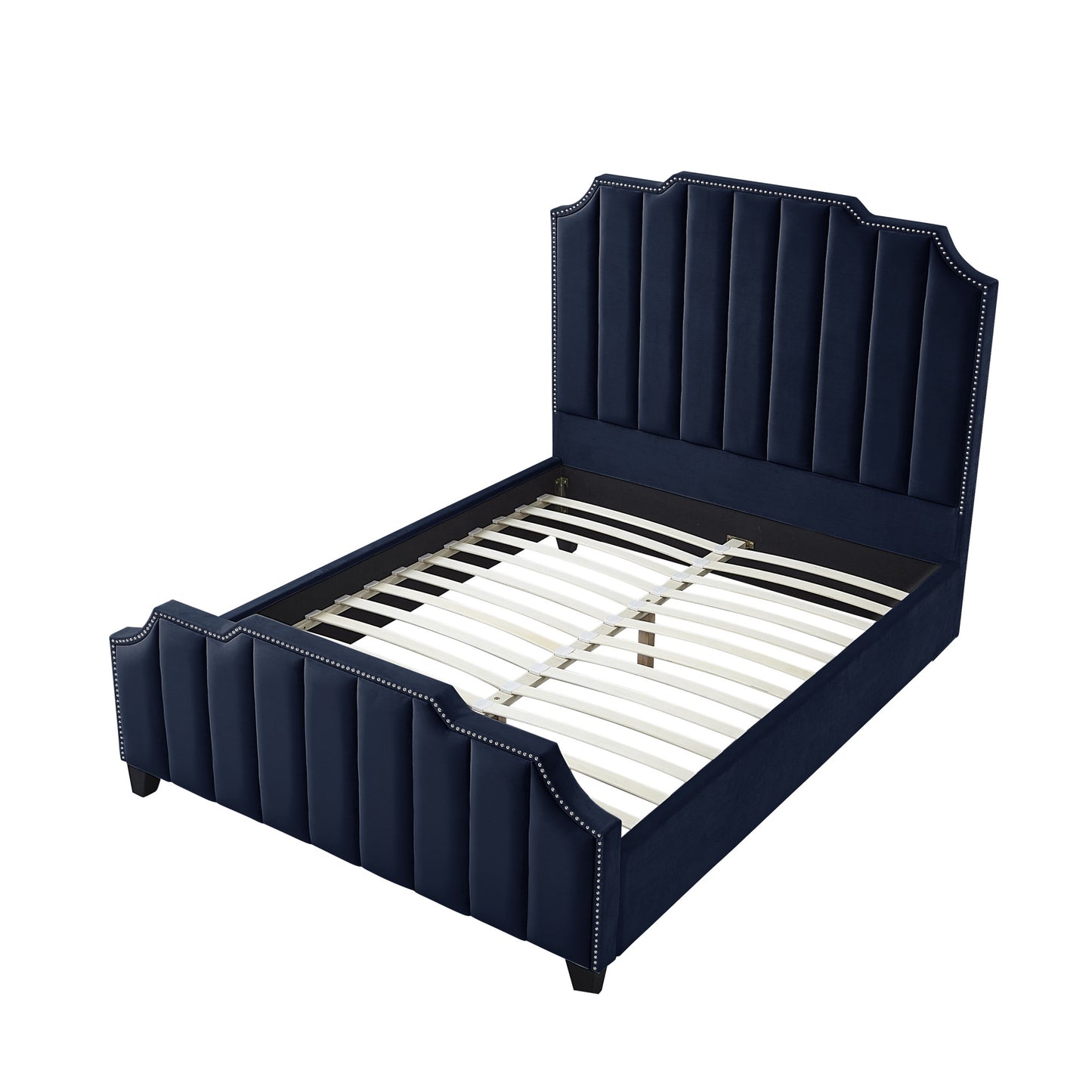 Sky Blue Solid Wood Queen Tufted Upholstered Velvet Bed with Nailhead Trim