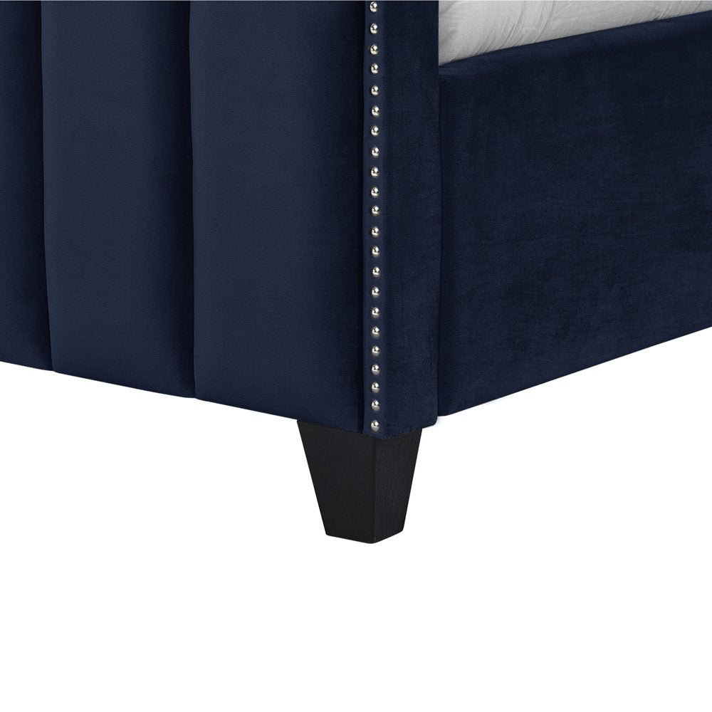 Sky Blue Solid Wood Queen Tufted Upholstered Velvet Bed with Nailhead Trim