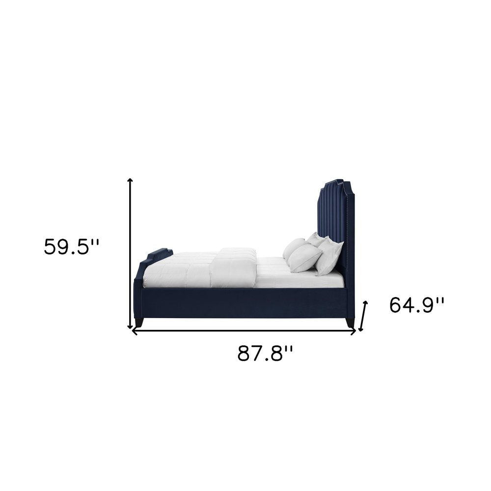 Sky Blue Solid Wood Queen Tufted Upholstered Velvet Bed with Nailhead Trim