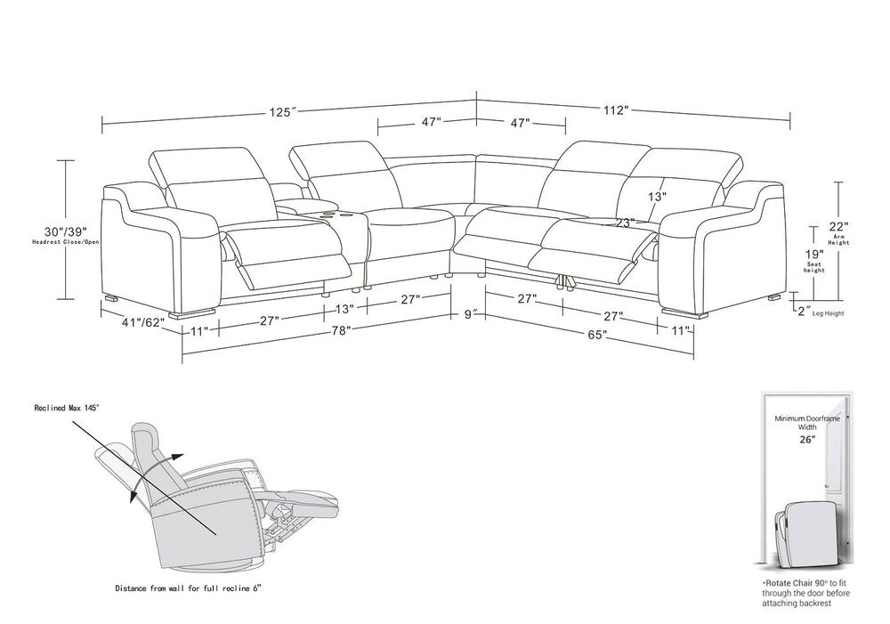 Dark Gray Italian Leather Power Reclining L Shaped Six Piece Corner Sectional With Console